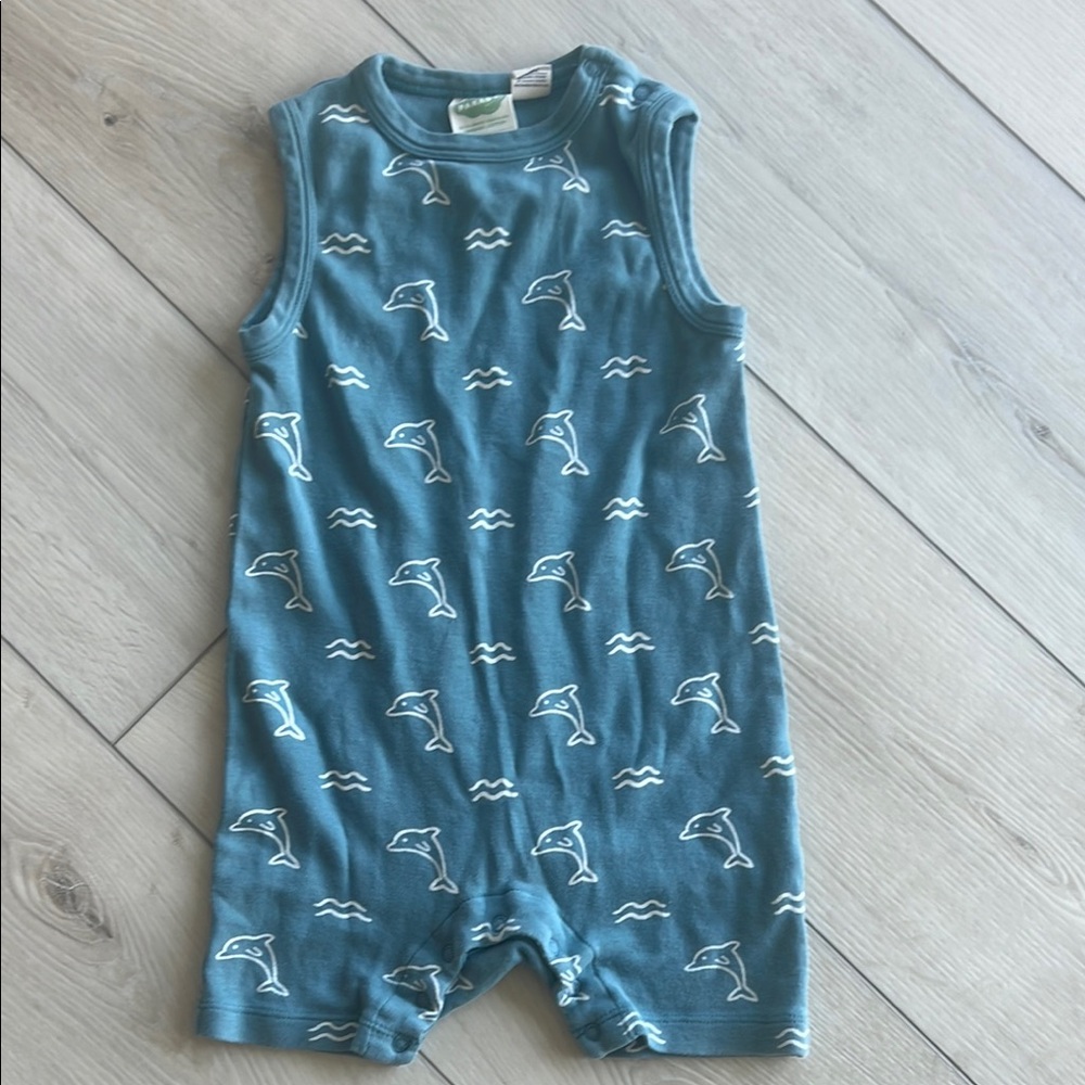 Parade Blue Sleeveless Toddler Romper with Dolphin Print